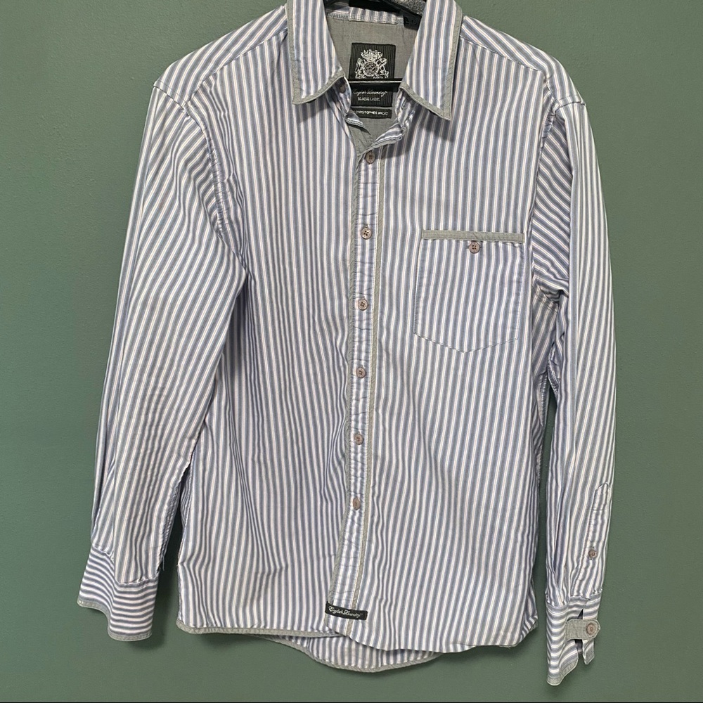 English Laundry Men’s button up shirt Size Large grey and pastel pinstripes